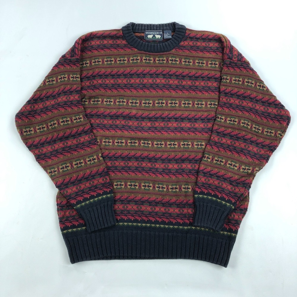 Woods & Gray Sweater Mens Large Stripe Patterned Vintage Cotton Crew neck